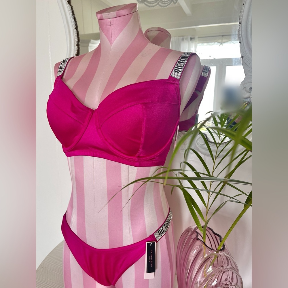 Set Fuchsia Shine Strap Wicked Bikini Top Brazilian Bikini Bottom